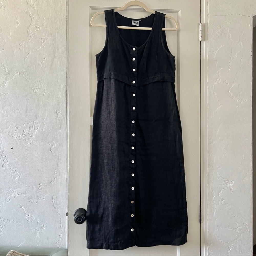 Vintage Johnny Was Collection Black Linen abalone button front midi dress XS